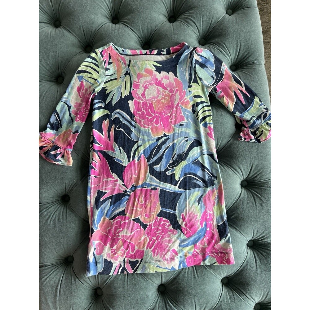 Lilly Pulitzer Sophie Ruffle Dress Tropical Tide Floral Print Girls Youth Medium